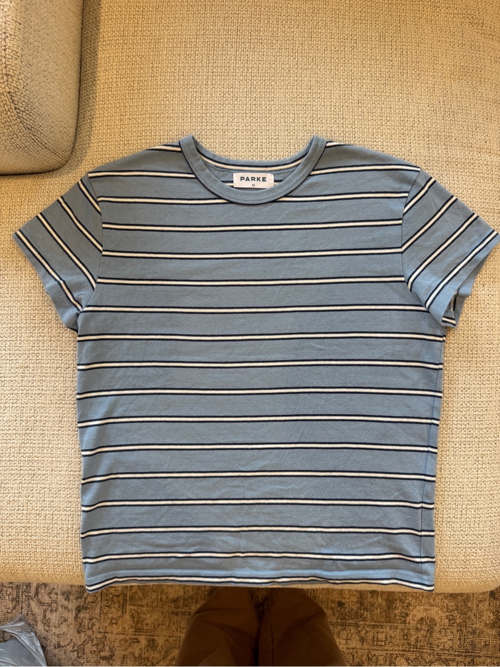 PARKE x Maggie & Emma Striped T-Shirt Blue White Baby Tee Womens Size M - Picture 2 of 7
